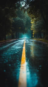 Wet Road Through Luminous Forest Tunnel at Night.