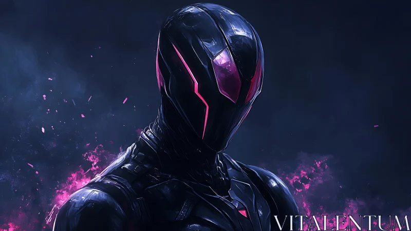 Futuristic armored figure with pink neon visor glow.
