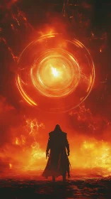 Lone warlock confronts a blazing celestial inferno portal.