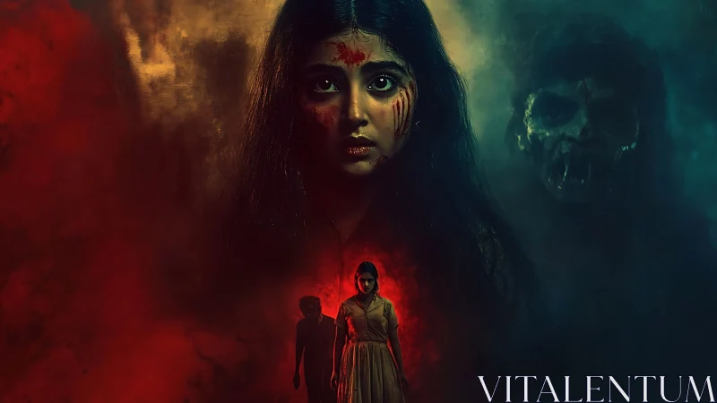 Haunting young woman wrapped in eerie red and green mist.