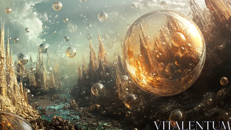 Spherical refractions reveal a golden crystalline sci‑fi cityscape