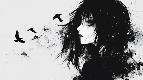 Monochrome ink-anime profile with splatter crow dynamics.