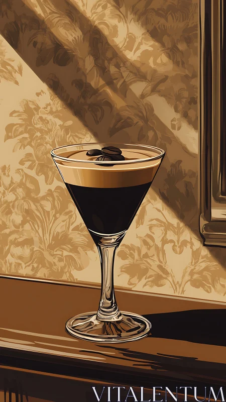 Cocktail with coffee liqueur in martini glass displayed on table