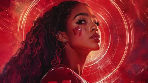 Side profile portrait of woman against concentric red rings