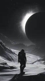 Lone space explorer wandering a moonlit alien valley.