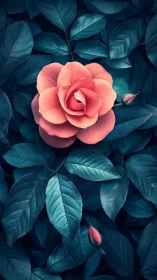 Coral Rose Blooms Among Teal Foliage.