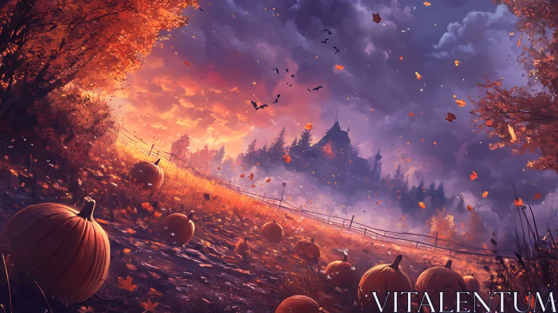 Autumn pumpkin field with distant house under dramatic sky.