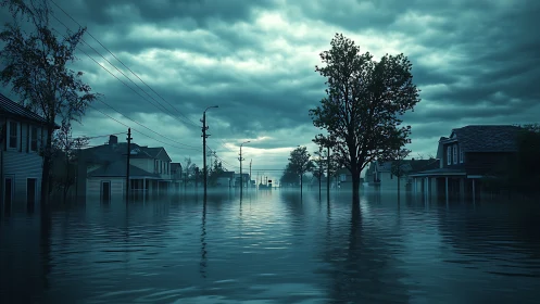 Flooded suburban street lies silent under storm-dark skies