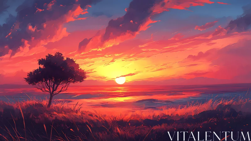 Sunset glow over quiet shore with one peaceful tree.