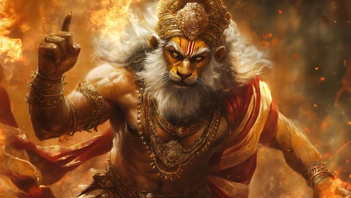 Lion‑faced fire god strides through molten storm of divinity.