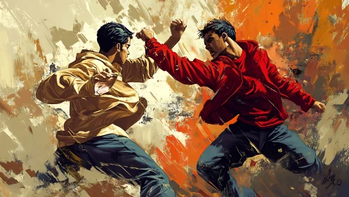 Urban duel in scarlet and sand, fists carving painted thunder.