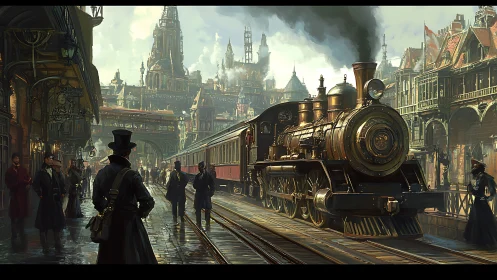 Steam crowned streets pause as a brass locomotive exhales