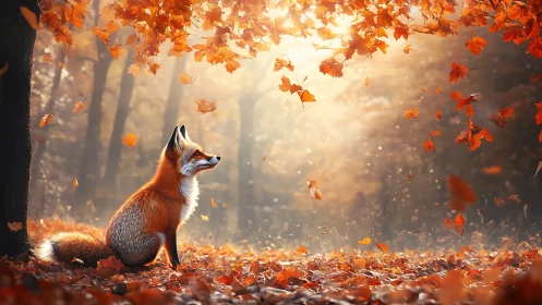 Autumn fox watches falling leaves in glowing forest light.
