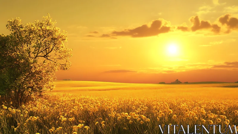 Golden meadow sunset illuminates flower field and lone tree