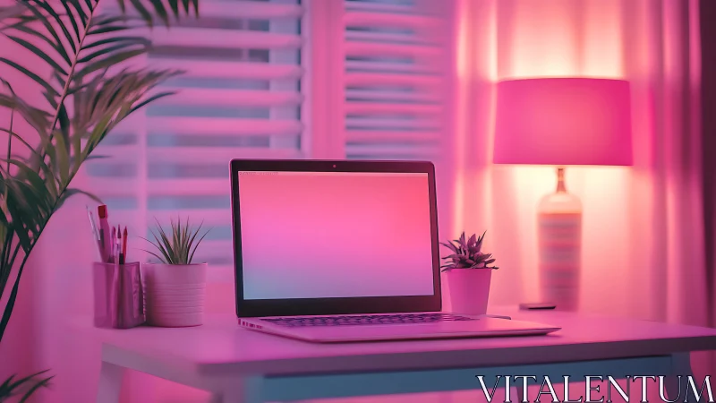 Bicolor LED lit workspace with laptop and graded ambient glow.