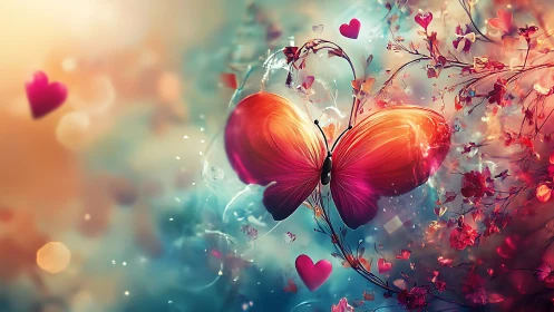 Iridescent heart-shaped butterfly glows in romantic bokeh field