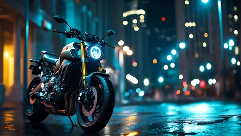 Modern street motorcycle on wet city road at night.