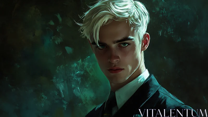 Blond male portrait in suit against dark teal abstract background