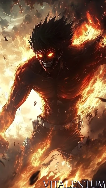 Fiery humanoid figure with glowing eyes in burning scene.