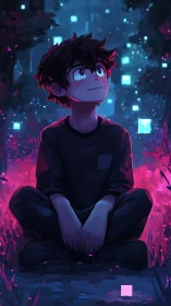 Boy sits in neon forest, watching glowing digital lights.