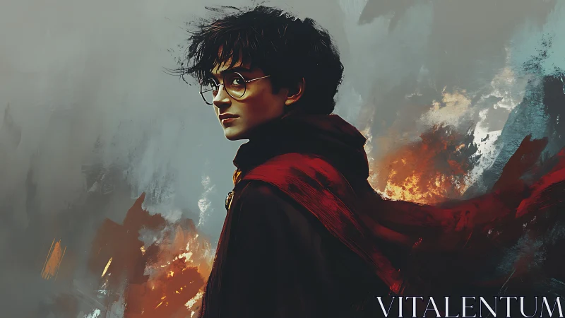 Young wizard portrait in crimson cloak amid fiery storm.