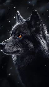 Midnight sentinel wolf with ember eyes in falling snow.