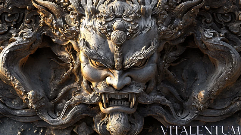 Baroque metal demon mask relief with swirling filament hair