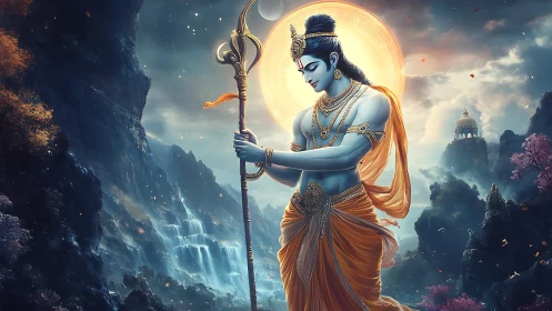 Divine blue deity holds trident before radiant mountain sun