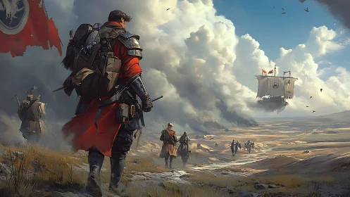 Marching travelers follow a skyship toward distant horizons