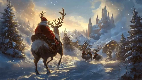 Snow-covered valley shows riders on reindeer approaching castle