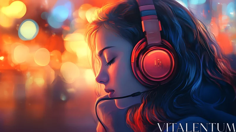 Focused gamer girl with headset in colorful neon light.