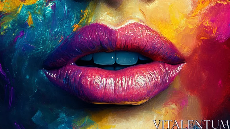 Vivid painted lips extend across saturated abstract face