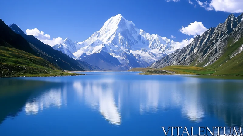 Snowy mountain peak reflected in calm blue alpine lake.