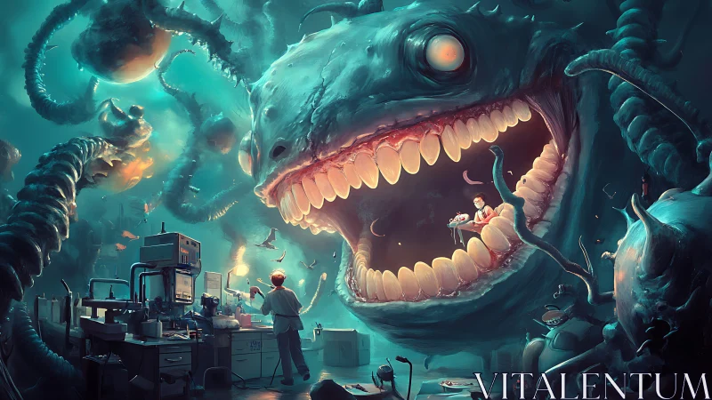 Lab-born leviathan grins wide at tiny scientists within.