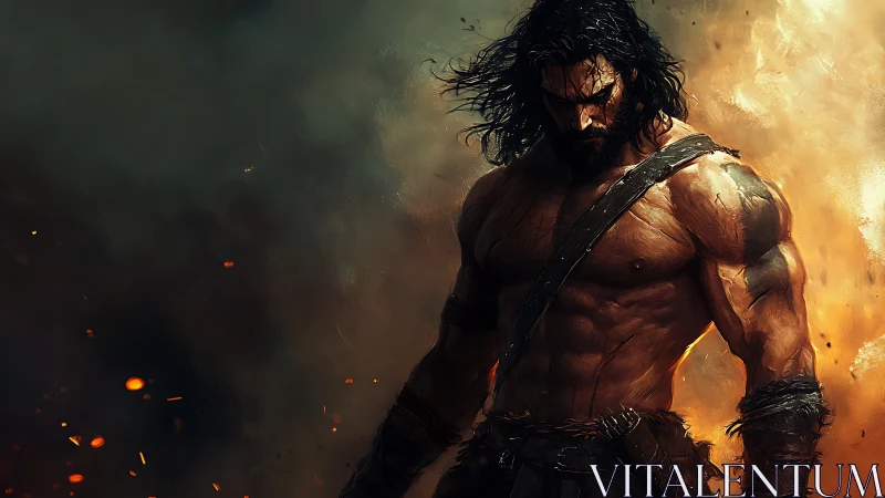 Battle-scarred warrior stands amid swirling fire and smoke