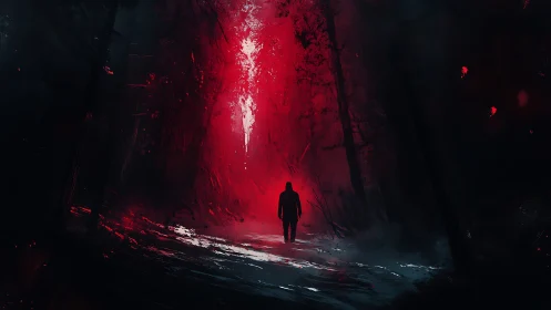 Solitary hooded figure in red illuminated nocturnal forest