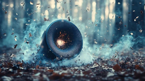 Acoustic shockwave speaker in misty forest particulate vortex.