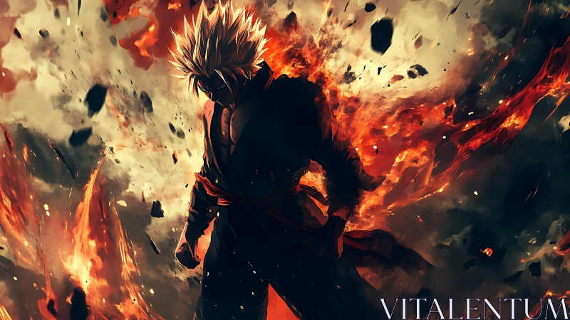 Explosive anime warrior silhouette framed by dynamic fire vectors