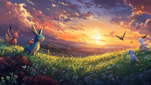 Sunset-lit hillside with vigilant creature ensemble panorama.