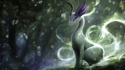 Mystic forest dragon spirit glows with swirling light.