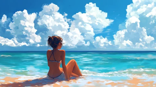 Backlit beach figure observes cumulonimbus over turquoise sea