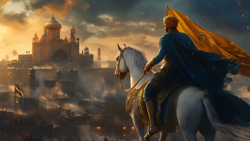 Golden fortress skyline greets a resolute rider at dawn