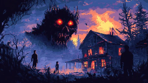 Giant skull-shaped monster looms over haunted rural house.