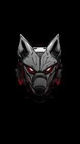 Fierce cyber wolf mask glows with bold red neon energy