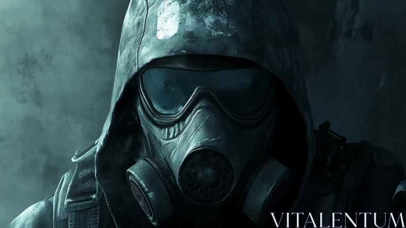 Post-apocalyptic respirator operative in tactical hooded gear.