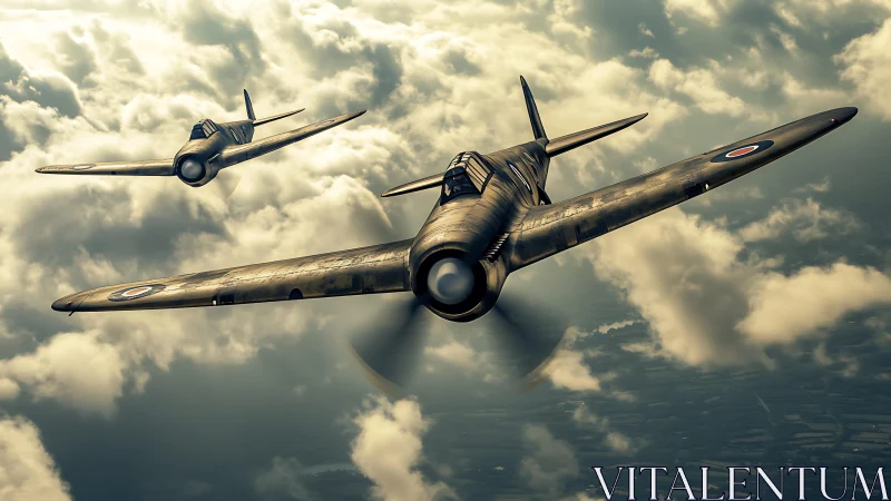 Twin vintage fighter planes carve a bold path through clouds