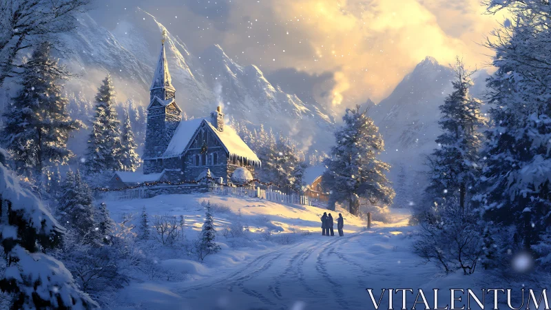 Snowy mountain church and cottages in soft winter light.