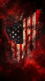 Distressed American flag shield rendered in high-contrast grunge abstraction