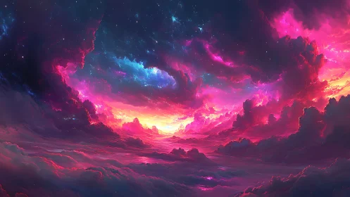 Nebula sky opens above glowing horizon of storm clouds