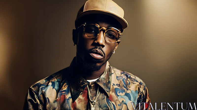Studio portrait of stylish man with patterned jacket and cap